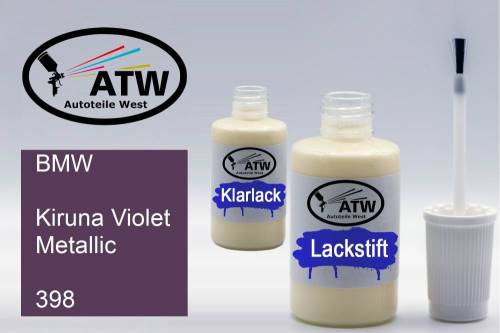 BMW, Kiruna Violet Metallic, 398: 20ml Lackstift + 20ml Klarlack - Set, von ATW Autoteile West.